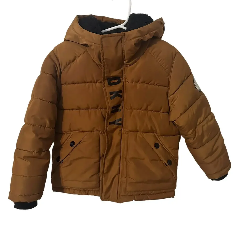 DKNY Puffer Coat Boys Size 4 Mustard Brown Hooded Quilted Outdoor Winter Gorp